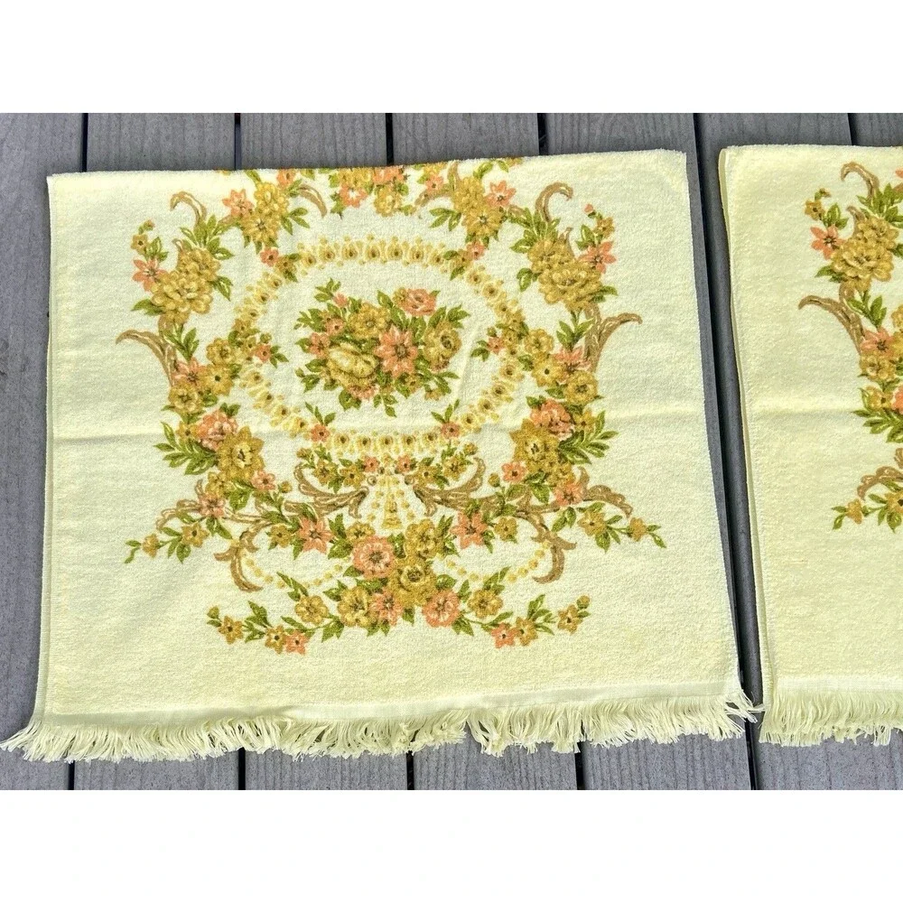 Vintage Tastemaker 100% Cotton Floral Fringe Bath Towels Set Yellow (2) Cottage